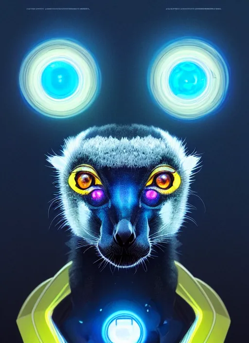 Image similar to symmetry!! portrait of a lemur, sci - fi, tech wear, blue and yellow glowing lights!! intricate, elegant, highly detailed, digital painting, artstation, concept art, smooth, sharp focus, illustration, art by artgerm and greg rutkowski and alphonse mucha