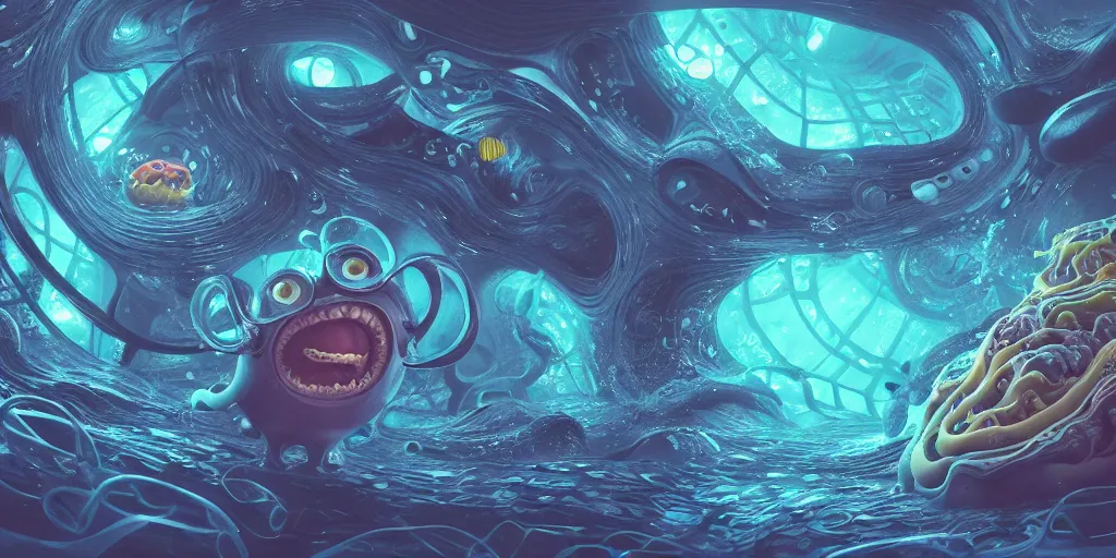 Image similar to of an intricate deep sea with strange cute friendly happy creatures with huge eyes, long tongue, round teeth and goofy funny face, appearing from the background, in the style of gehry and gaudi, macro lens, shallow depth of field, ultra detailed, digital painting, trending artstation, concept art, illustration, cinematic lighting, photorealism, epic, octane render