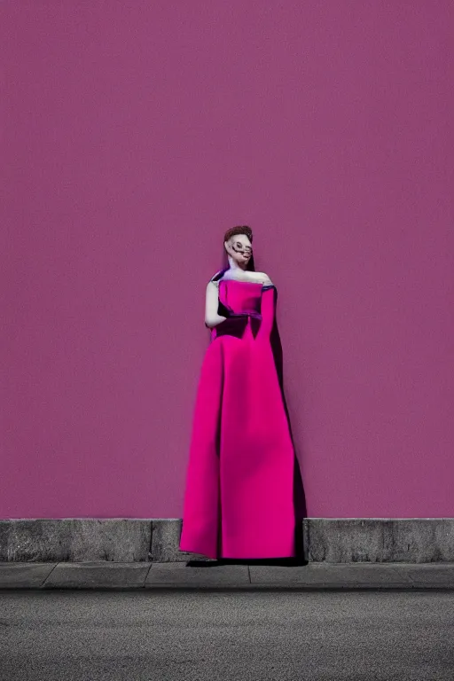 Image similar to a surreal portrait of a woman stuck in a pink wall in the style of brooke didonato, editorial fashion photography from vogue magazine, full shot, nikon d 8 1 0, ƒ / 2. 5, focal length : 8 5. 0 mm, exposure time : 1 / 8 0 0, iso : 2 0 0