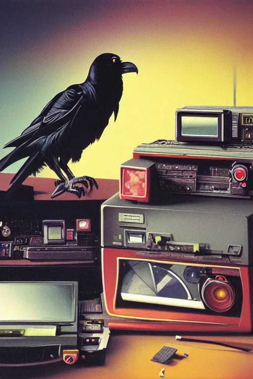 Image similar to a raven observing 8 0 s era technology, vintage shapes, retro technology, harsh color, wayne barlow, oil on canvas, deep depth of field, masterpiece, cinematic composition, hyperdetailed