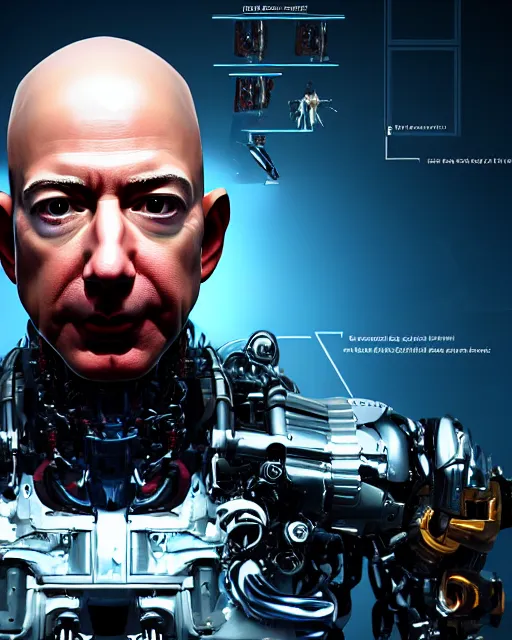 Prompt: portrait of Jeff Bezos as a sophisticated and intricate biomechanical Terminator, fantasy cyberpunk, Unreal Engine, hyper detailed, cinematic post-processing