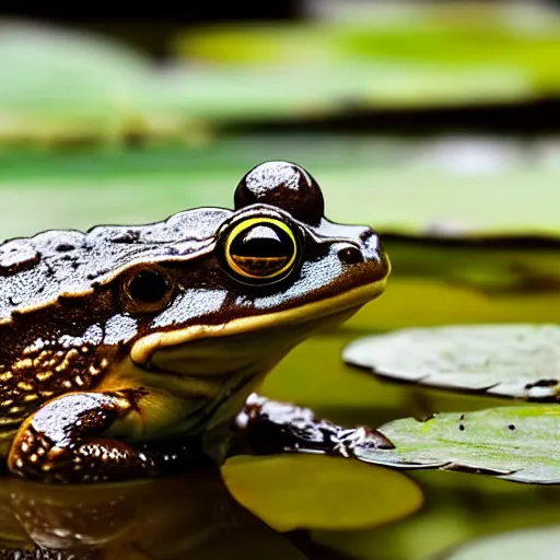 Image similar to close - up of a frog wearing a small crown, in the pond with water lilies, shallow depth of field, highly detailed, autumn, rain, bad weather, ominous, digital art, masterpiece, matte painting, sharp focus, matte painting, by isaac levitan, by monet, asher brown durand,