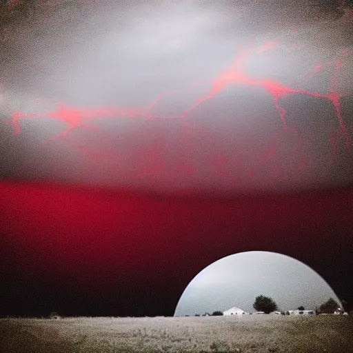 Prompt: a black and red hole in the middle of the sky in kansas cloudy scary creepy