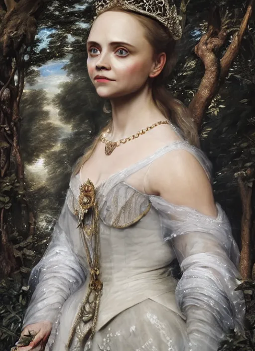 Image similar to Beautiful elsa, Looks like Christina Ricci, In the woods, Dramatic, Edge, Good, Infused, Backlight, De-Noise, VFX, insanely detailed and intricate, hypermaximalist, elegant, ornate, hyper realistic, super detailed, by Anthony Van Dyck, by Ivan Shishkin, by John Constable