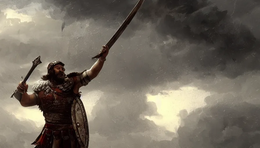 Image similar to Roman Gladiator raising his sword to the sky during a storm, hyperdetailed, artstation, cgsociety, 8k