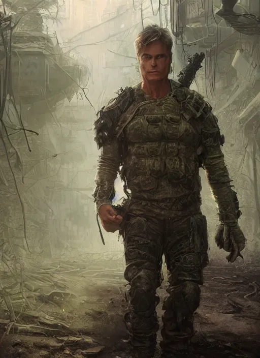 Image similar to portrait of a young richard dean anderson wearing a green combat uniform, in a post apocalyptic city, overgrown with plants, by wlop, luis royo and greg rutkowski, cover illustration, concept art, volumetric lighting, volumetric atmosphere, sharp focus, octane render, trending on artstation, 8 k