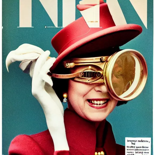 Prompt: magazine cover photo of Elizabeth II using gigantic steampunk googles portrait photo by Slim Aarons in 1965 TIMES magazine cover photo, color