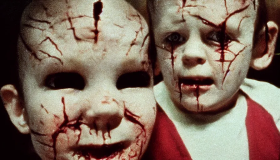 Prompt: 7 0 s film still from a horror movie about a child version of pinhead from hellraiser, kodachrome, cinecolor, cinestill, film grain, film texture, retro, cinematic, high resolution, photorealism,