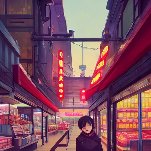 Image similar to a beautiful chinese woman in a down jacket with a grocery store in the background ambient lighting, 4 k, lois van baarle, ilya kuvshinov, rossdraws, alphonse mucha, jung gi kim, artstation