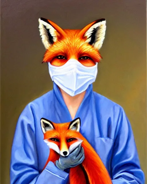 Prompt: oil painting portrait of anthropomorphic female fox animal dressed in labcoat, surgical mask covering mouth, with syringe, fox animal, hospital in background, oil painting,