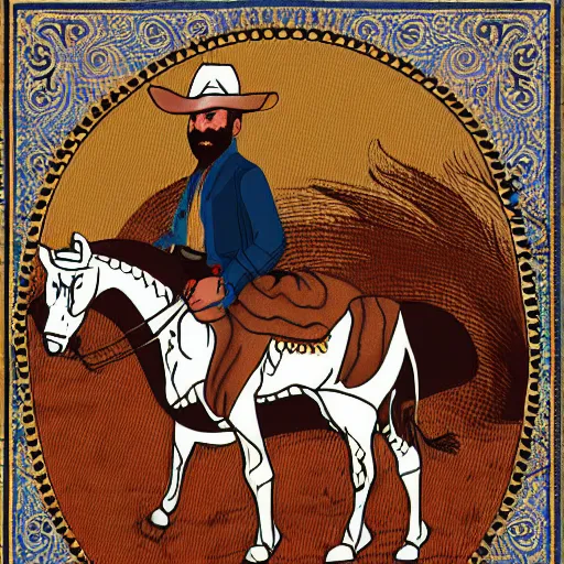 Prompt: bearded cowboy, persian folkore illustration