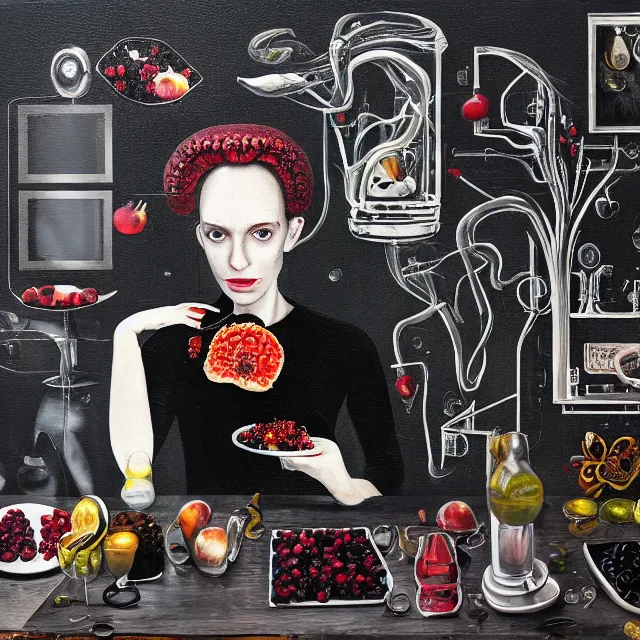 Prompt: apartment with black walls, portrait of a woman holding a brain, mangosteen, electrical components, berries dripping juice, pancakes, pomegranate, bones, sensual, computer chips, berries, octopus, scientific glassware, neo - expressionism, surrealism, acrylic and spray paint and oilstick on canvas