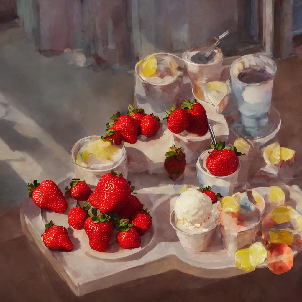 Prompt: a still life painting of cold drinks, ice cream, strawberry embellishment, in the style of makoto shinkai, dreamy, soft, global illumination, radiant light, intricate environment, luminescence, highly detailed, 8 k