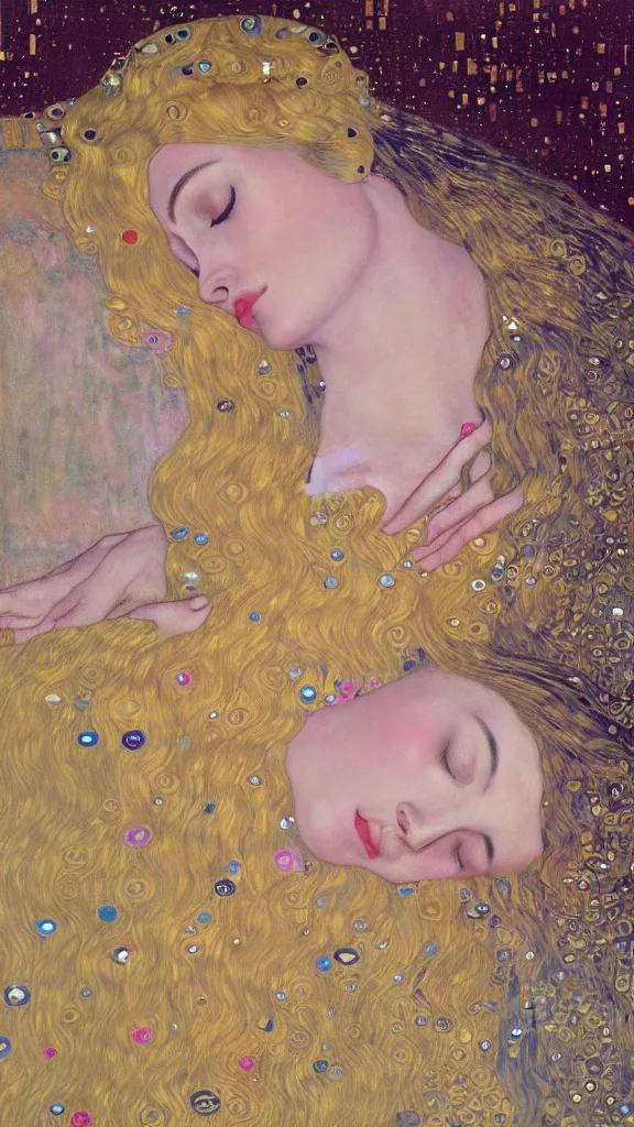 Prompt: a soft and breathtaking detailed painting of a full body sleeping blonde princess in the style of Gustav Klimt, blonde hair, shiny gold, elegant, highly detailed, artstation, fluo colors, concept art, matte, sharp focus, art by Gustav Klimt