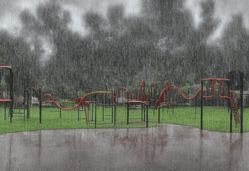 Prompt: a photograph of a playground on a rainy day from the swingset, wet, reflections, gloomy, mist, HDR, hyper realism