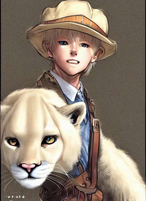 Image similar to character portrait of a anthro! albino mountain lion wearing miner's clothes. hidari, color page, tankoban, 4K, tone mapping, Akihiko Yoshida.