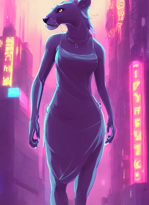 Image similar to beautiful portrait commission of a female furry anthro mountain lion wearing a dress. Cyberpunk city at night in the rain. Neon light. Atmospheric. Character design by charlie bowater, ross tran, artgerm, and makoto shinkai, detailed, inked, western comic book art