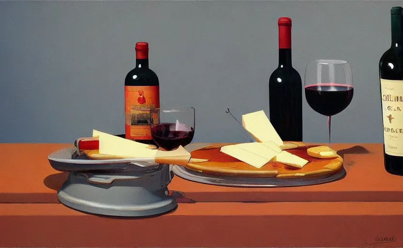 Image similar to beautiful still life featuring tillamook cheese, and red wine and a gun, very coherent, painted by Edward Hopper, painted by James Gilleard, airbrush, art by JamesJean