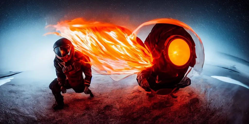 Prompt: fisheye slow motion with trail fire effect of futuristic break dancer wearing long dark cloak and golden helmet emitting fire, long exposure shot , enigmatic, at night in the middle of the arctic with red light A letter, paddle of water, steam, fog, water splashes, rim lights, glossy reflections, water droplets on lens, octane render, Volumetric dynamic lighting, stunning cover magazine, high details,