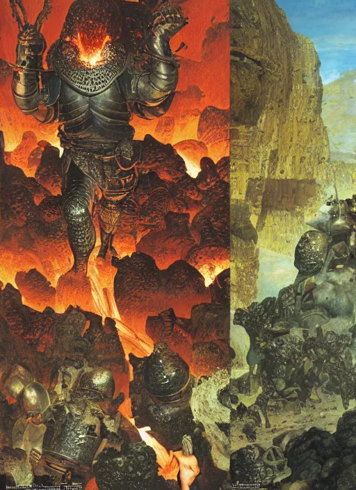 Image similar to knight in armour in lava cave, explosions, lava flows, dynamic action, by lawrence alma - tadema and zdzislaw beksinski and norman rockwell and jack kirby and tom lovell and greg staples