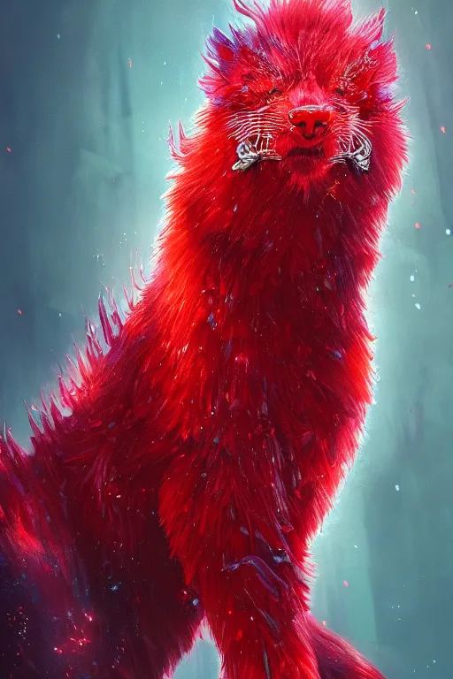 Image similar to A fancy portrait of a red crystalized beast by Greg Rutkowski, beeple, Sung Choi, Mitchell Mohrhauser, Maciej Kuciara, Johnson Ting, Maxim Verehin, Peter Konig, final fantasy, macro lens, 35mm, 8k photorealistic, cinematic lighting, HD, high details, dramatic, dark atmosphere, trending on artstation