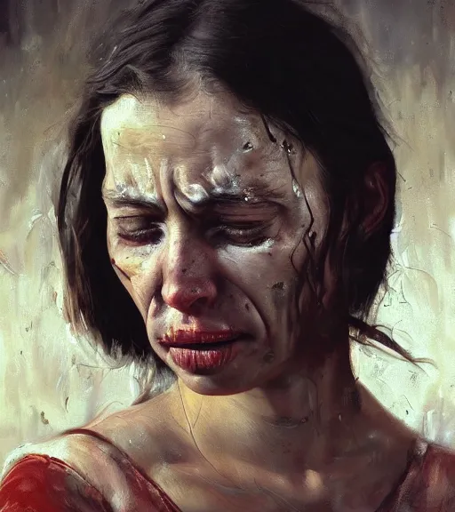 Image similar to high quality high detail painting by alberto mielgo and jaime jones, crying woman, cinematic, hd