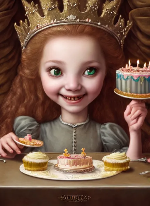 Prompt: highly detailed closeup portrait of a grinning fairytale medieval princess eating birthday cake, unreal engine, nicoletta ceccoli, mark ryden, lostfish, earl norem, global illumination, god rays, detailed and intricate environment