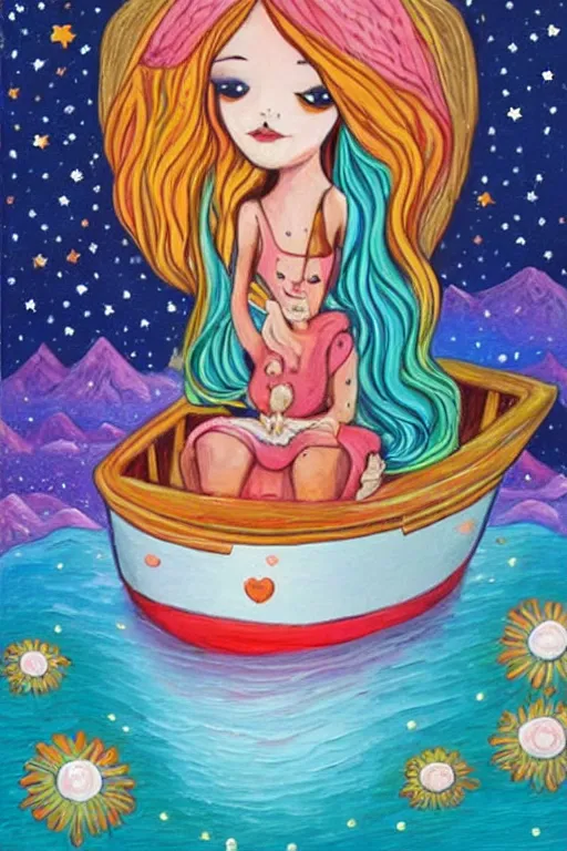 Image similar to a whimsical painting of a whimsical girl sitting in a boat in a lake with stars falling from the sky in the moonlight painted by jeremiah ketner