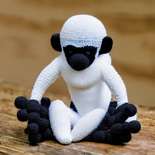 Image similar to a stuffed monkey is sitting on a white surface, a character portrait by toss woollaston, cg society contest winner, rococo, made of beads and yarn, adafruit, made of rubber