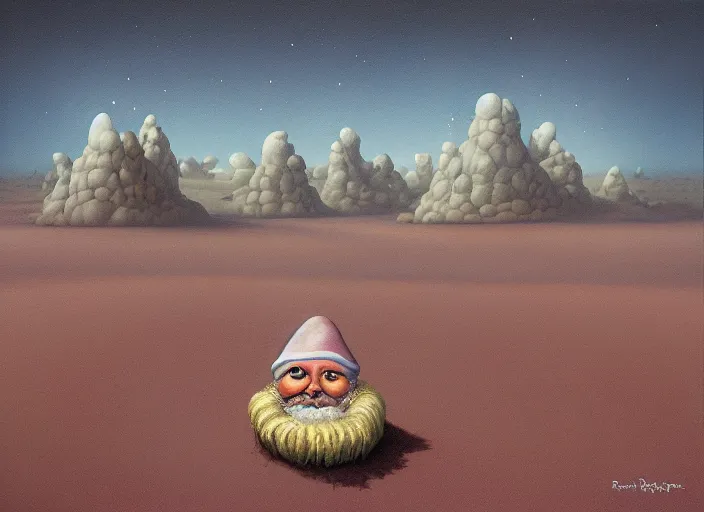 Prompt: a discarded half - buried garden gnome in a vast barren desert, an ultrafine detailed painting by mark ryden, trending on deviantart, pop surrealism, whimsical, lowbrow, perfect symmetrical face