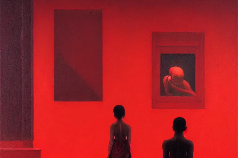 Image similar to only with red, crowd screaming, an exposed painting in a roman theater, in the style of beksinski, parts by edward hopper, parts by rodcenko, parts by yue minjun, intricate and epic composition, red by caravaggio, insanely quality, highly detailed, masterpiece, red light, artstation, 4 k