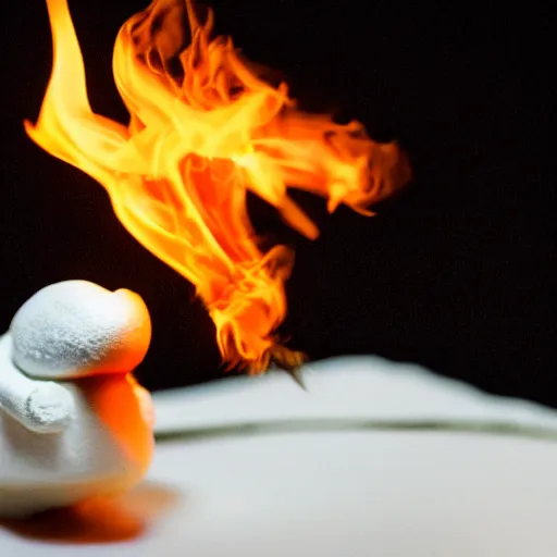 Prompt: macrophotography of a tiny dragon breathing fire onto a marshmallow. Cinematic.