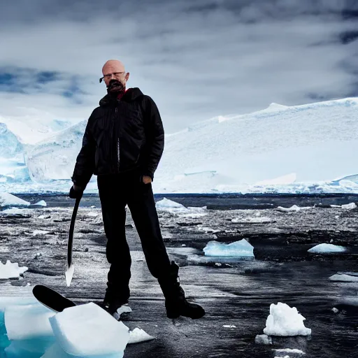 Image similar to Walter White holding an axe in the middle of Antarctica, cold terrain, master shot, moody light, highly realistic, 8k