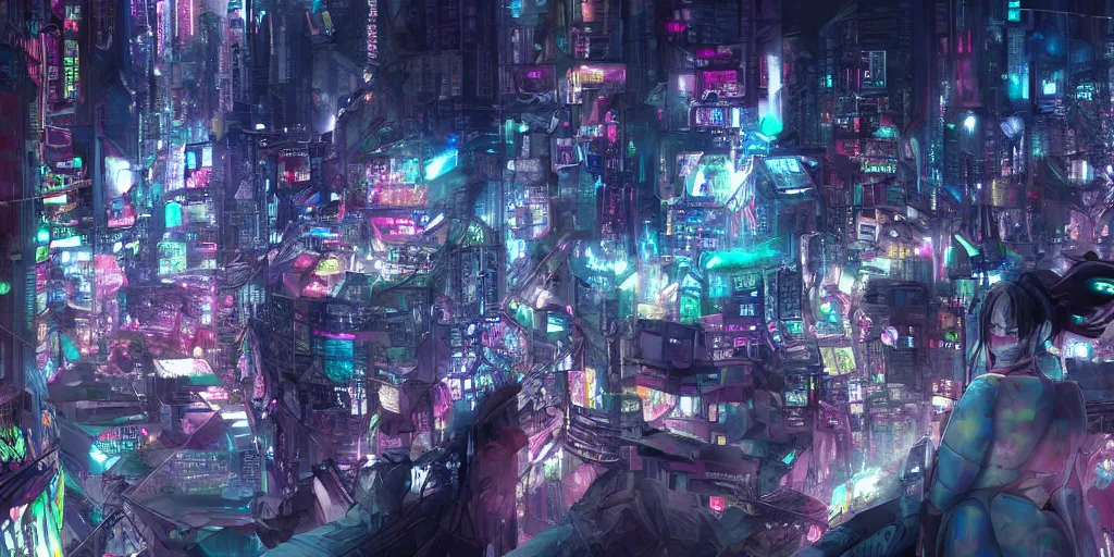 Prompt: Anime cyberpunk vajrayana Tibetan neon cityscape, Ghost in the Shell, Tekkonkinkreet, favelas, temples, cinematic matte painting concept art