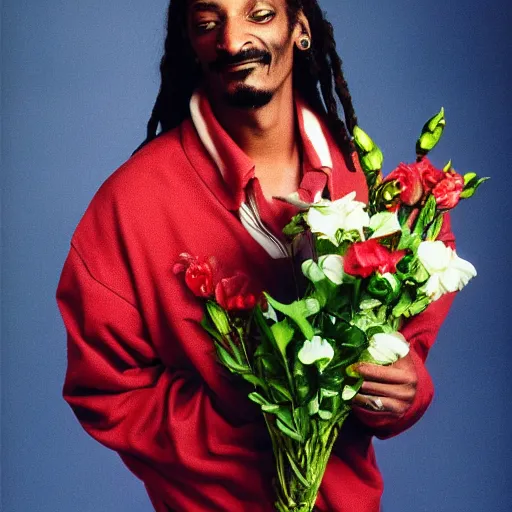 Prompt: cyperpunk Snoop Dogg holding a Vase of flowers for a 1990s sitcom tv show, Studio Photograph, portrait, C 12.0