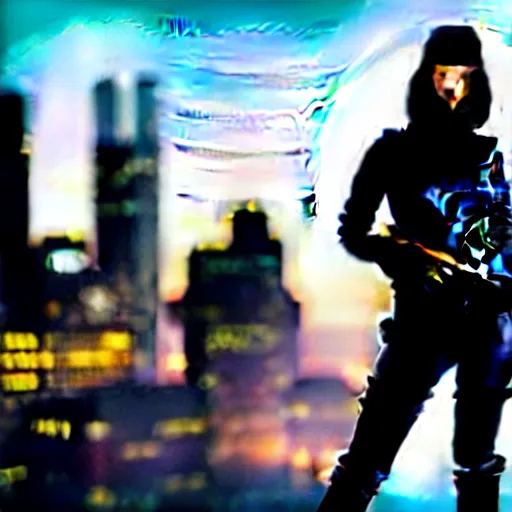 Image similar to photographic portrait of a techwear woman holding a shotgun, closeup, on the rooftop of a futuristic city at night, sigma 85mm f/1.4, 4k, depth of field, high resolution, 4k, 8k, hd, full color, Die Hard, movies with guns, movie firearms