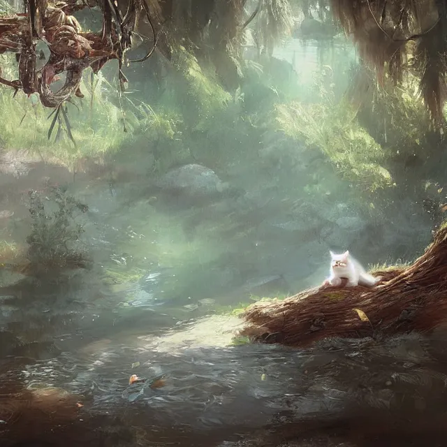 Prompt: a painting of a cute kitten at a creek. disney character design by cory loftis, fenghua zhong, ryohei hase, ismail inceoglu and ruan jia. volumetric light, detailed, rendered in octane