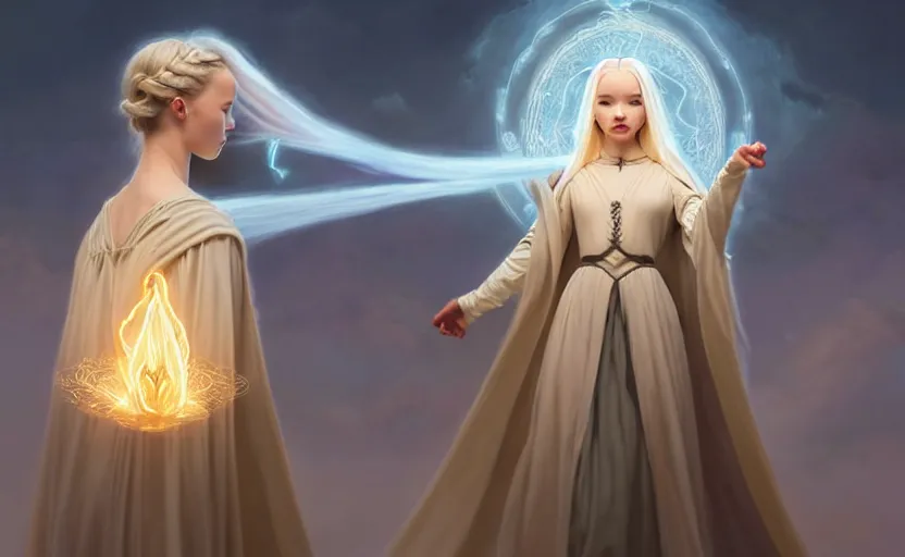 Prompt: mage conjuring at the end of time, dove cameron blonde braided hair mage wearing ivory gothic robe, misty castle, movie action still frame, wide horizon, intricate, elegant, highly detailed, hyper realistic, digital painting, concept art, smooth, sharp, focus, illustration, art by artgerm, greg rutkowski, ilya kuvshinov, alphonse mucha