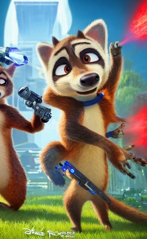 Image similar to “red racoon holding laser gun standing face to face off with blue racoon holding laser gun, cinematic, dramatic in the style of zootopia”