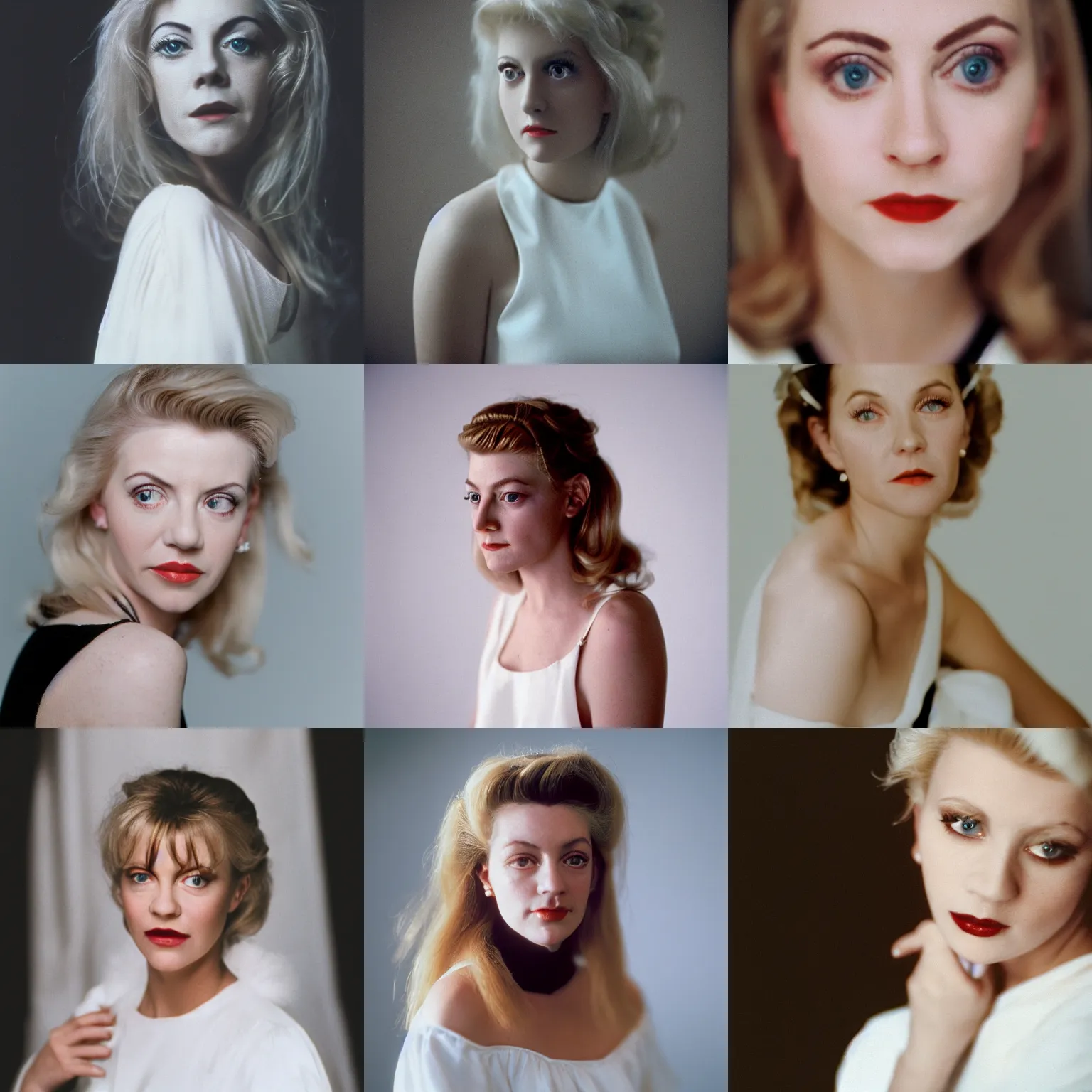 Prompt: the close - up portrait of laura palmer in white dress in black studio shoted on 8 5 mm lens using kodak portra