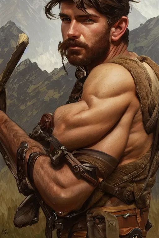 Image similar to portrait of a young rugged ranger, muscular, handsome, upper body, hairy torso, D&D, fantasy, intricate, elegant, highly detailed, digital painting, artstation, concept art, smooth, sharp focus, illustration, art by artgerm and Greg Rutkowski and Alphonse Mucha