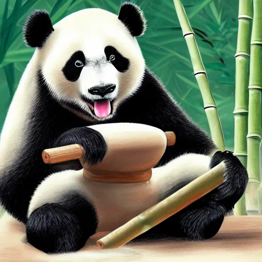 Image similar to a funny picture of a bodybuilder panda eating a bamboo, curling weights, digital art, high quality, detailed, artstation