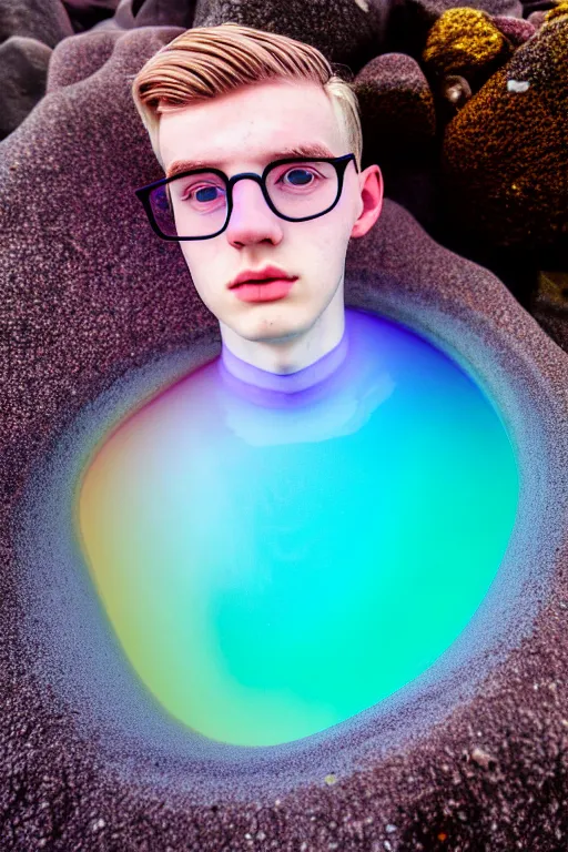 Prompt: high quality pastel coloured film mid angle portrait photograph of a beautiful young 2 0 year old male, soft features, short hair, rubber glasses and oversized inflated clothing!!!! icelandic black! rock pool environment. atmospheric three point light. photographic. art directed. ( pastel colours ). volumetric. clearcoat. waves. 8 k. filmic.