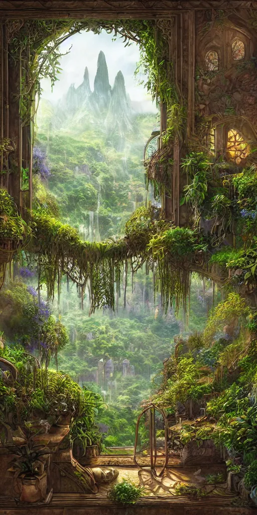 Image similar to lush fantasy Elvish windowsill with lush plants on it, interior of room, looking out toward an Elvish metropolitan cityscape, vignette of windowsill, Rivendell, detailed digital concept art by John Howe, trending on artstation