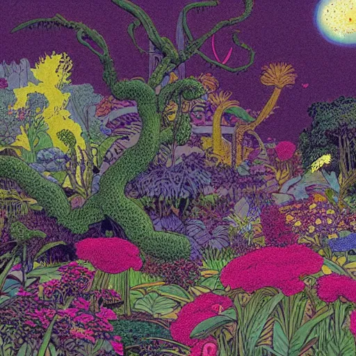 Image similar to an illustration of a beautiful garden, painted by moebius and james jean