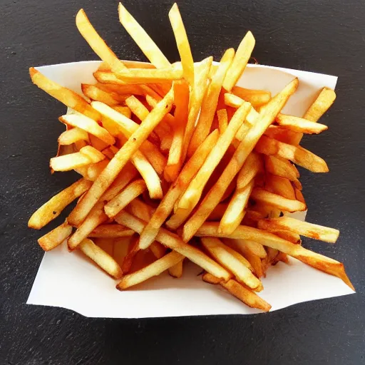 Prompt: french fries pile, burnt with ketschup - t