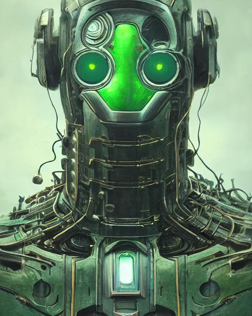 Image similar to portrait of a green ultron from age of ultron, clockwork steampunk, dieselpunk, head and chest only, by beksinski, 4 k, deviantart, 3 d unreal engine, trending on artstation