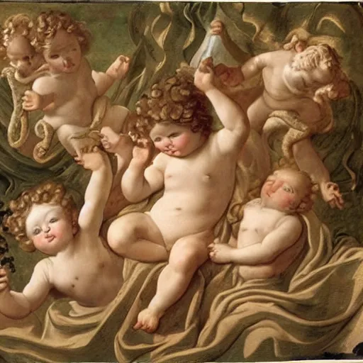 Image similar to cherubs with snakes for hair, extremely detailed, a baroque painting, rococo style