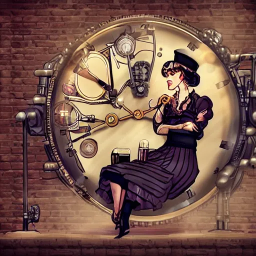 Image similar to digital clockwork woman drinking in a pub, steampunk style,