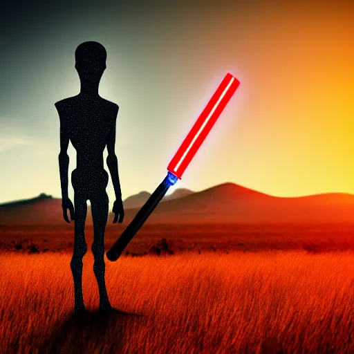 Image similar to detailed alien standing in field, with red lightsaber, gloomy nemobo at sunset